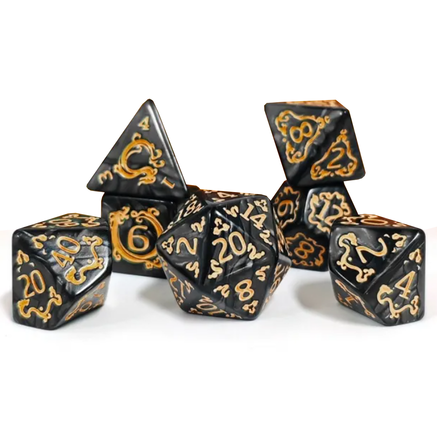 Eastern Dragon Design Polyhedral Dice Set (Black) on a White Background, Stacked in a Pile | Happy Piranha