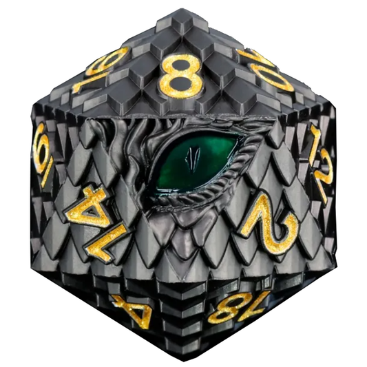 Black Dragon Scale Titan D20 - Premium Extra Large Metal Dragon Eye 20 Sided Dice | Happy Piranha