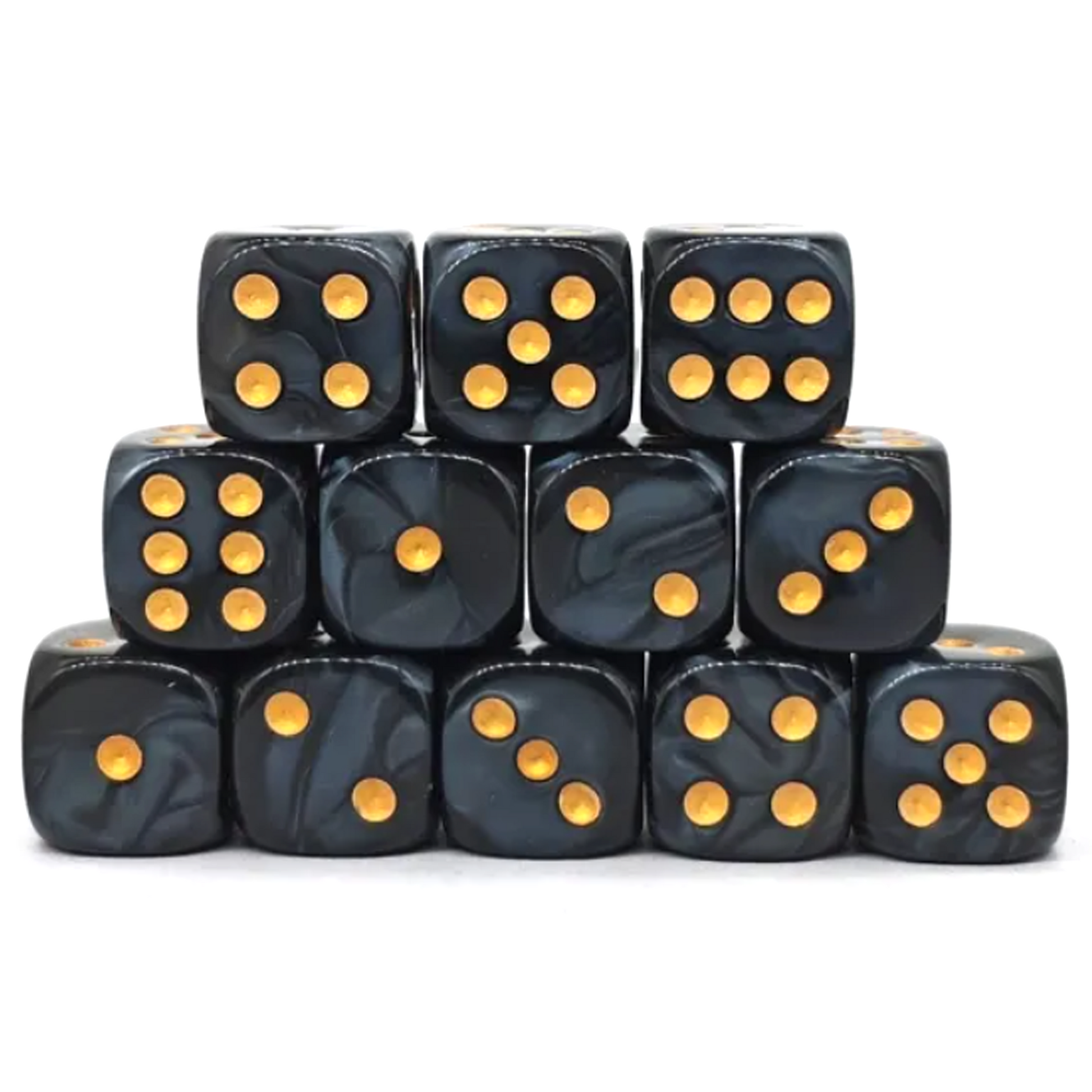 Pearlescent Black 36 Pip Dice D6 (6 Sided Dice) Box Set Stacked in a Pyramid Shape | Happy Piranha