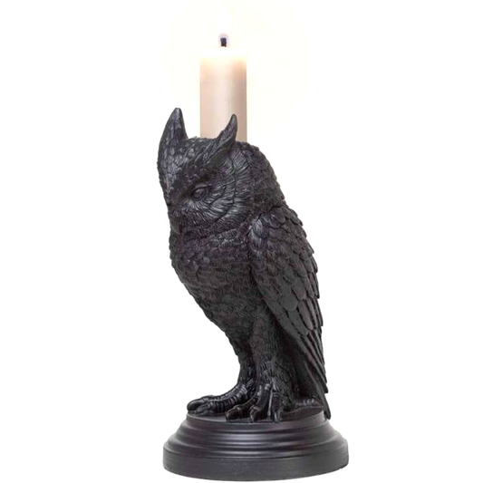 Owl of Astrontiel Candlestick - Black Resin Candle Holder With a Candle In | Happy Piranha