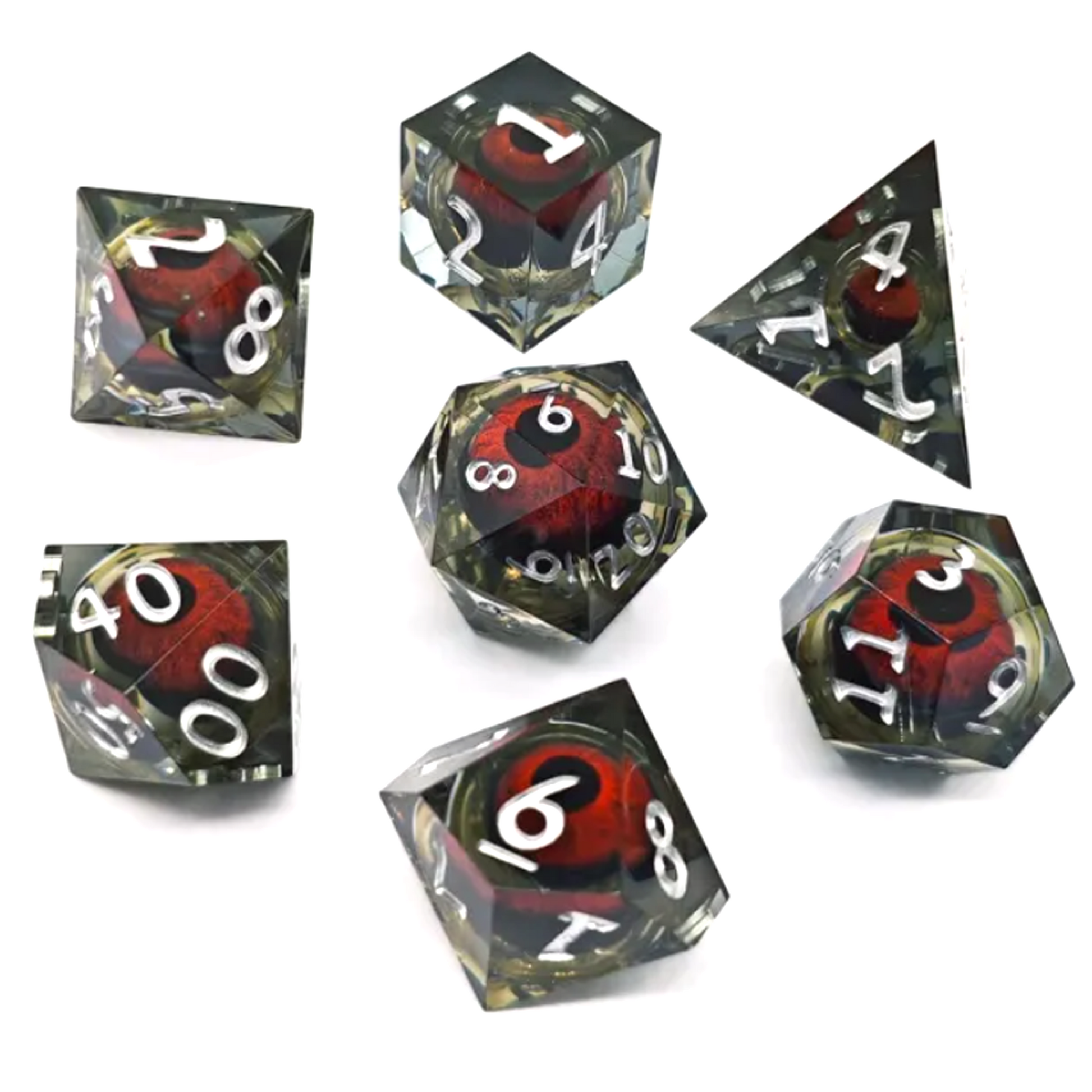 Black Rolling Eyes: Liquid Core Sharped Edged Polyhedral Dice Set on a White Background | Happy Piranha