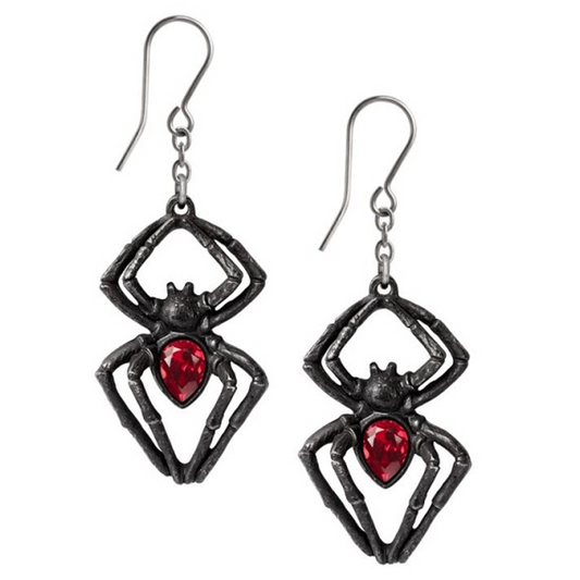 Black Widow Pewter Spider Shaped & Red Crystal Earrings on a White Background | Happy Piranha