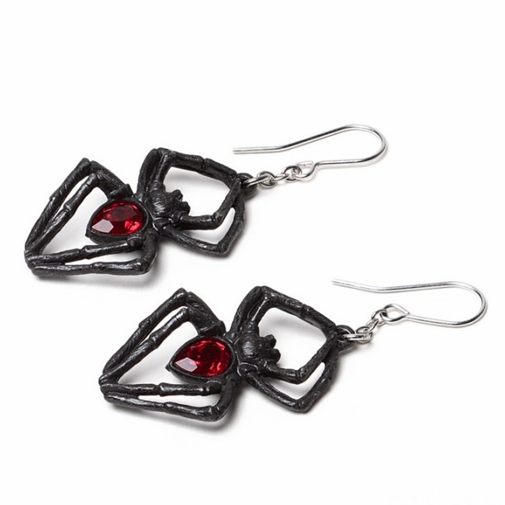 Black Widow Pewter Spider Shaped & Red Crystal Earrings Laying on their Side on a White Background | Happy Piranha