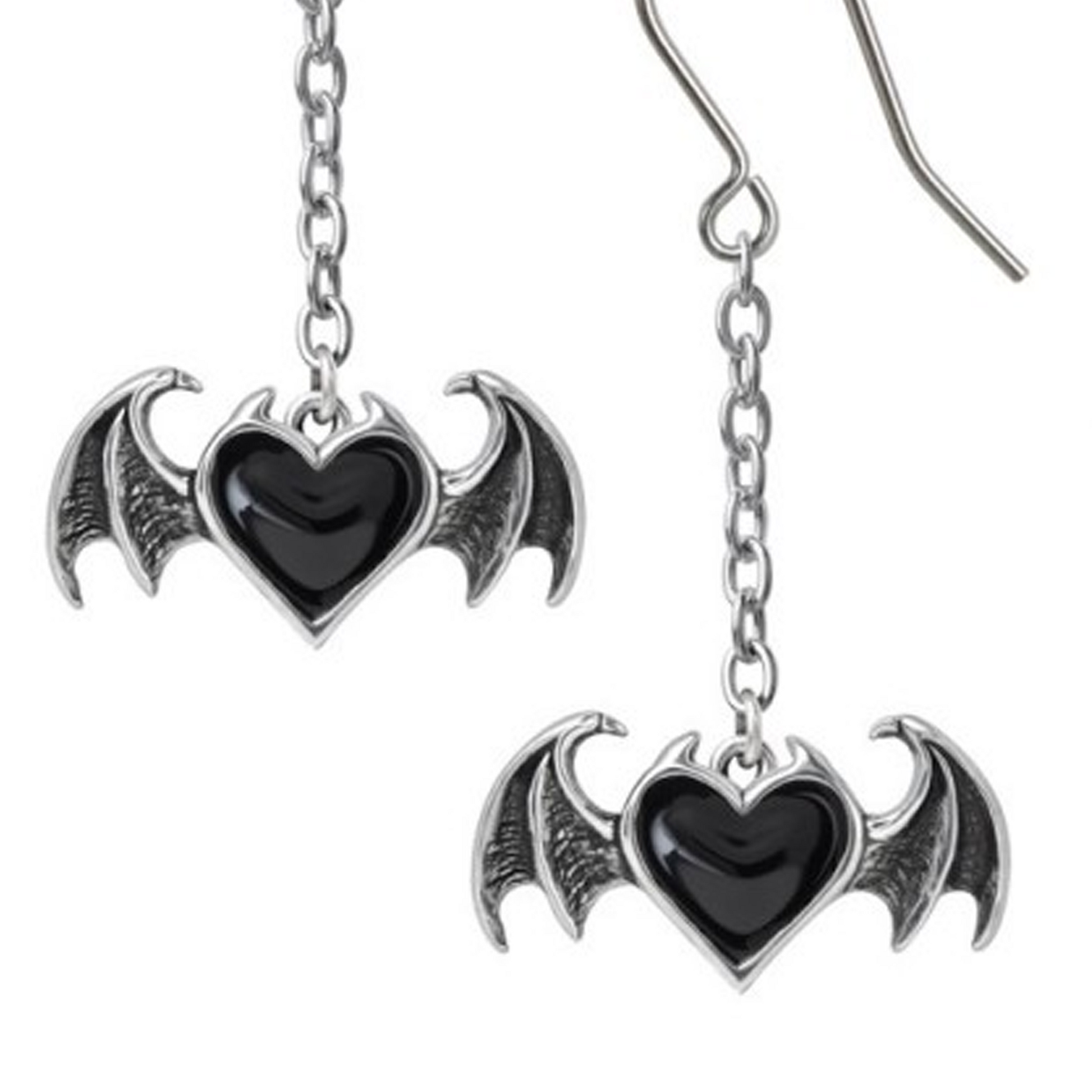 Blacksoul Droppers: Winged Heart Pewter Chain Earrings - Close Up on a White Background | Happy Piranha