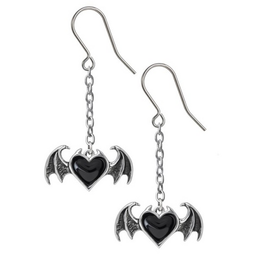 Blacksoul Droppers: Winged Heart Pewter Chain Earrings on a White Background | Happy Piranha