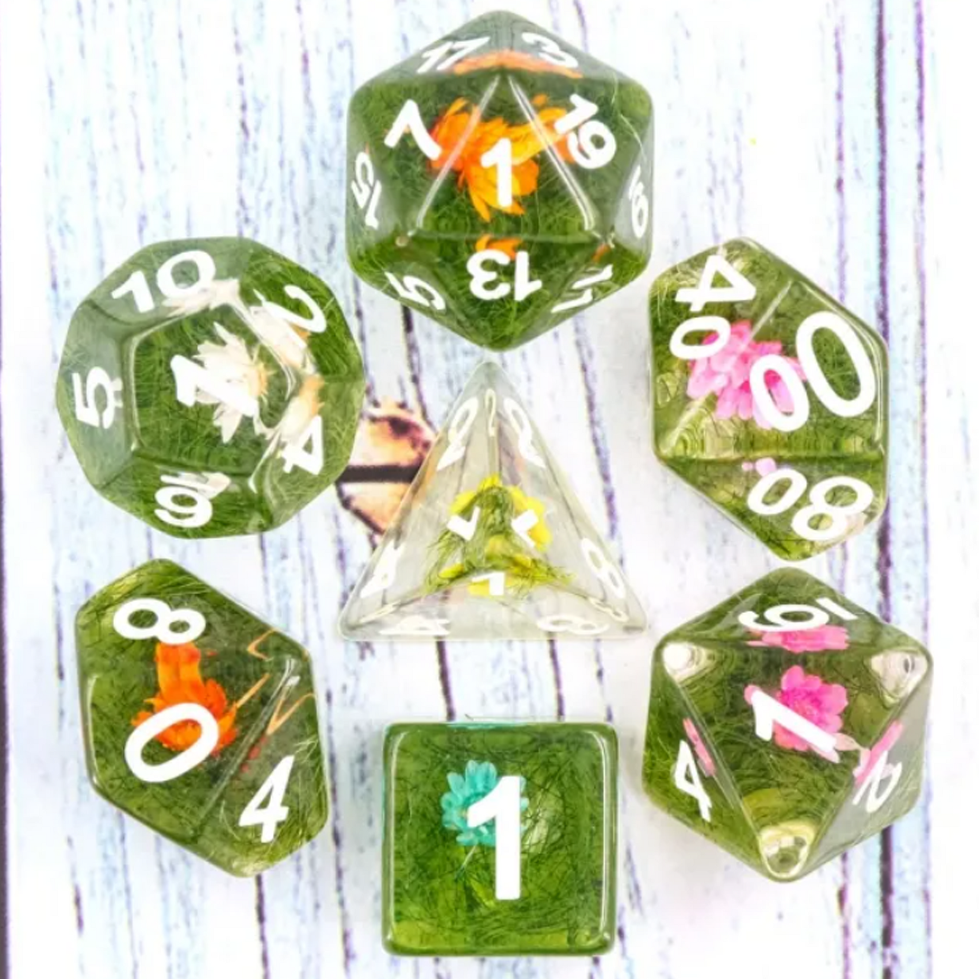 Blossom Dice - Flower Filled Polyhedral D&D Dice Set in a Circle on a Table | Happy Piranha