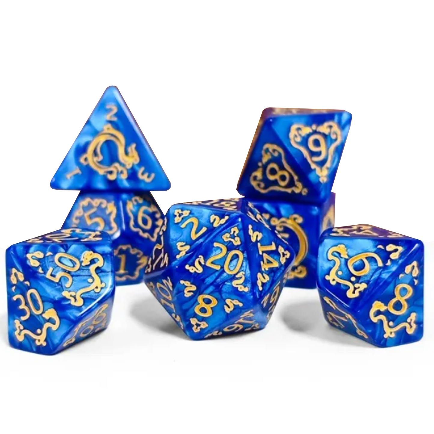 Eastern Dragon Design Polyhedral Dice Set (Blue) on a White Background, Stacked in a Pile | Happy Piranha