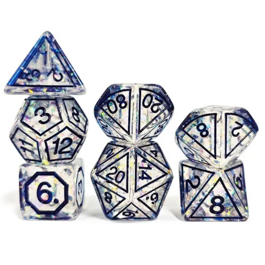Blue Magic Stone Design Glitter Polyhedral Dice Set Stacked in a Pile on a White Background | Happy Piranha
