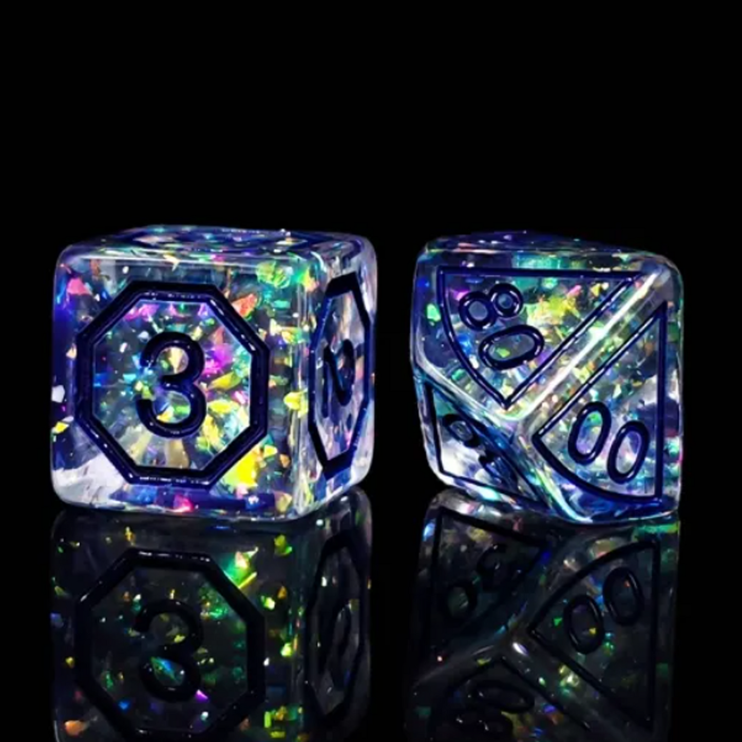 Blue Magic Stone Design Glitter D6 and D100 Close up on a Black Background | Happy Piranha