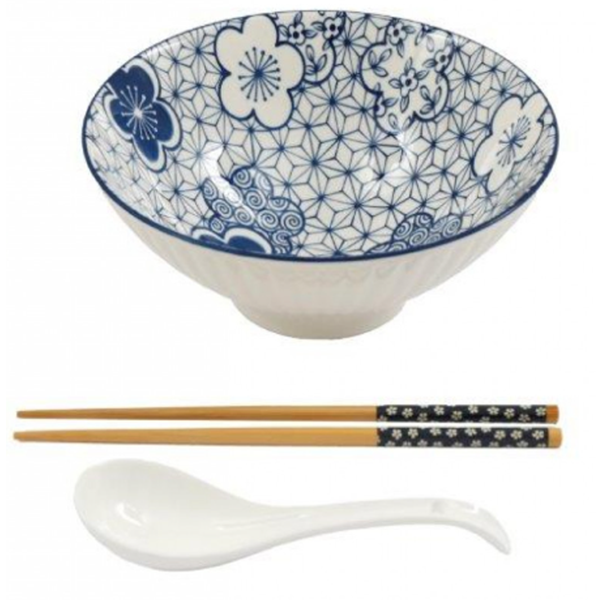 Blue & White Pattern Design Ramen & Chopstick Bowl Set on a White Background | Happy Piranha