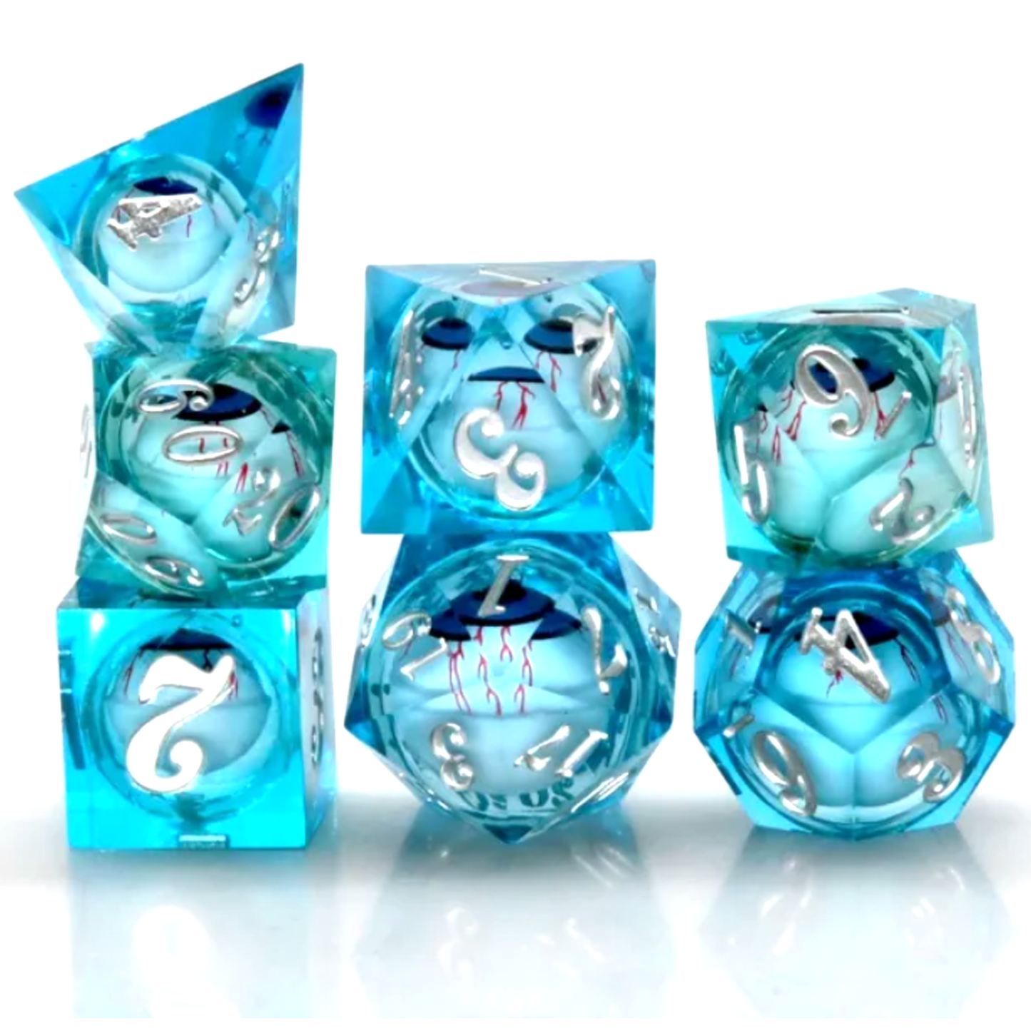 Blue Rolling Eyes: Liquid Core Sharped Edged Polyhedral Dice Set Stack in a Pile on a White Background | Happy Piranha
