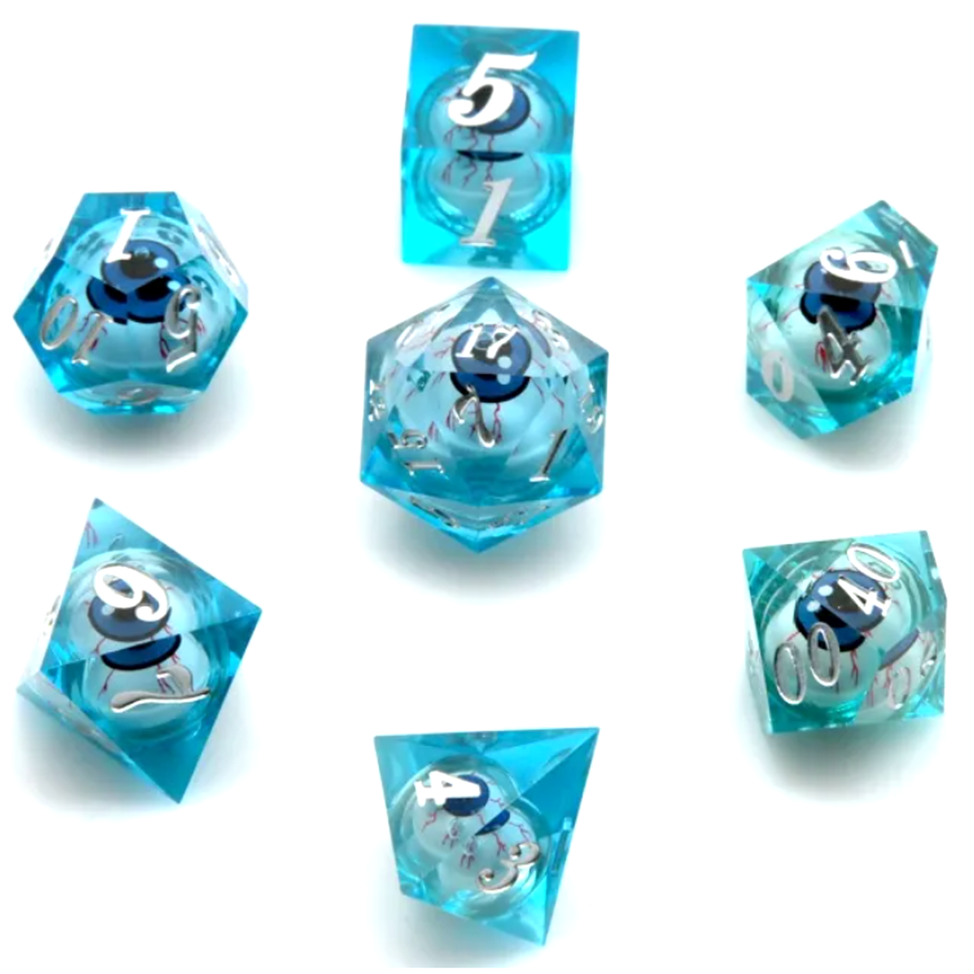 Blue Rolling Eyes: Liquid Core Sharped Edged Polyhedral Dice Set Spread out on a White Background | Happy Piranha