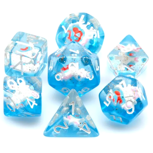 Blue Unicorn Dice - Mini 3D Unicorn Filled Polyhedral Dice Set in a Circle on a White Background | Happy Piranha