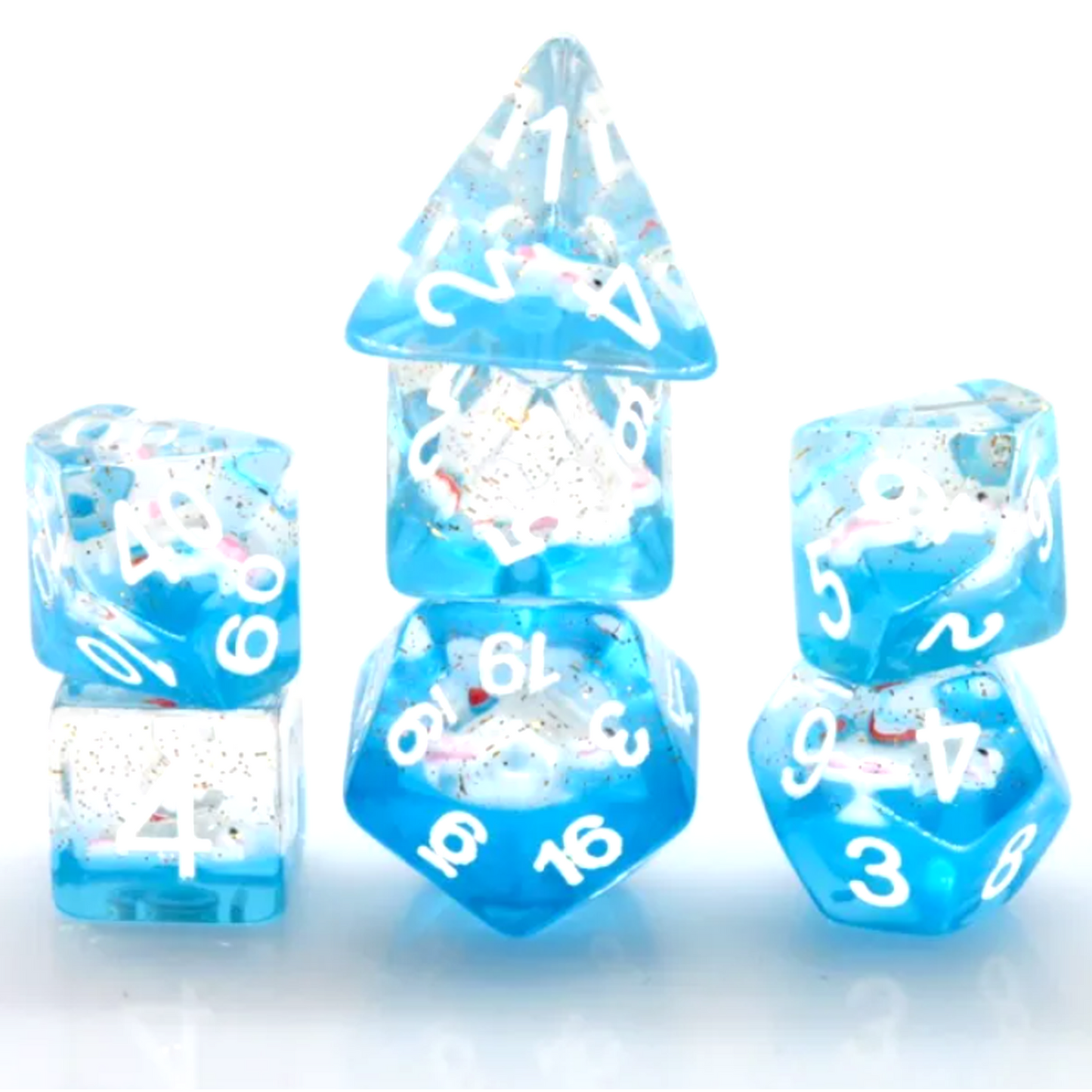 Blue Unicorn Dice - Mini 3D Unicorn Filled Polyhedral Dice Set in a Tower on a White Background | Happy Piranha