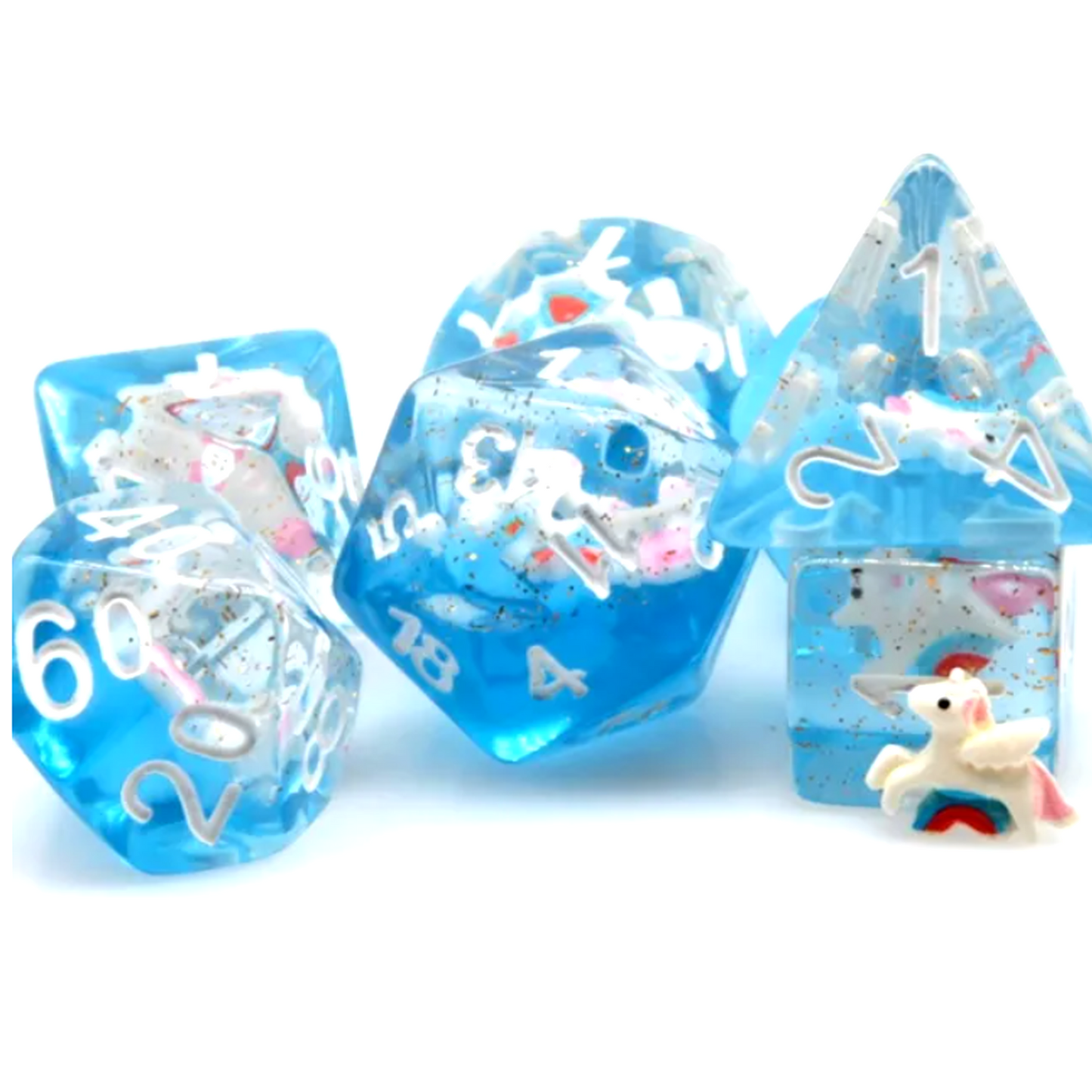 Blue Unicorn Dice - Mini 3D Unicorn Filled Polyhedral Dice Set in a Pile on a White Background | Happy Piranha