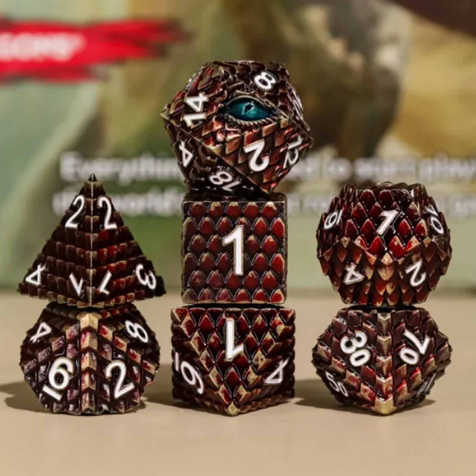 Dragon Scale - Premium Metal Polyhedral D&D Dice Sets (Brown) on a desk | Happy Piranha