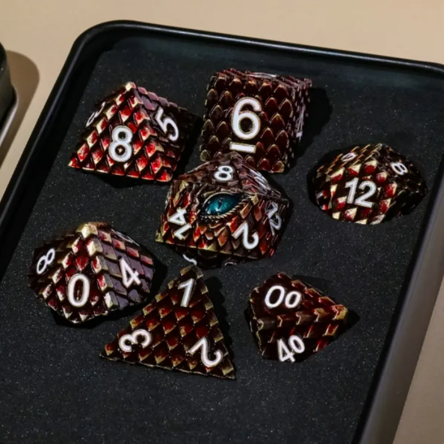 Dragon Scale - Premium Metal Polyhedral D&D Dice Sets (Brown) in a tin | Happy Piranha