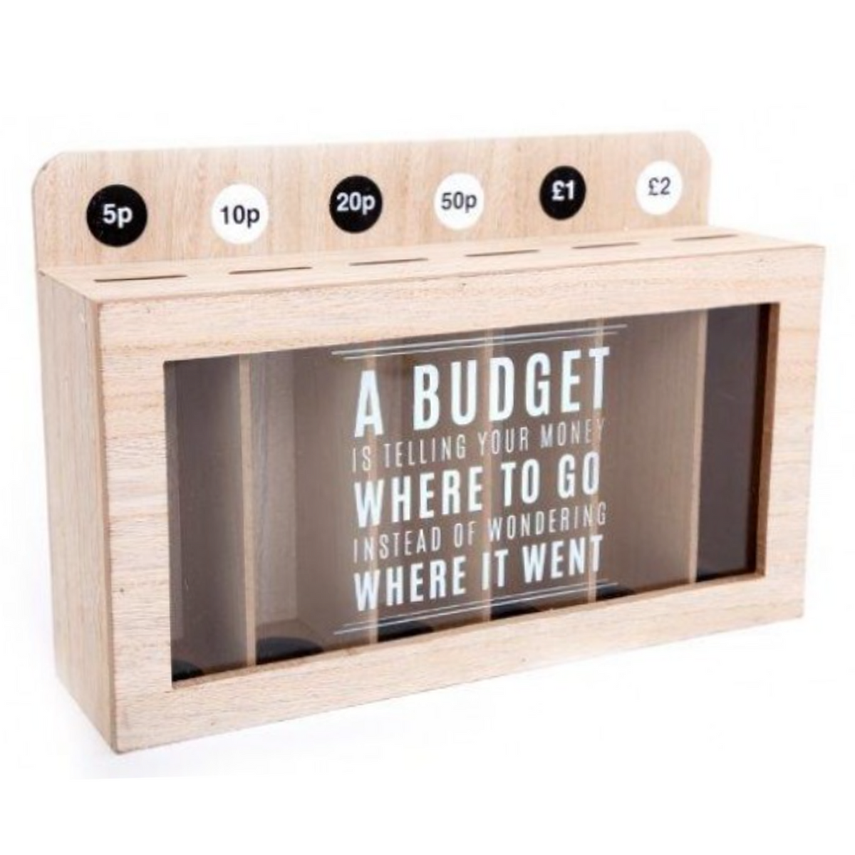 A wooden budget money box with a clear front window displaying the text 'A BUDGET IS TELLING YOUR MONEY WHERE TO GO INSTEAD OF WONDERING WHERE IT WENT'. The top features circular inserts for 5p, 10p, 20p, 50p, £1, and £2 | Happy Piranha