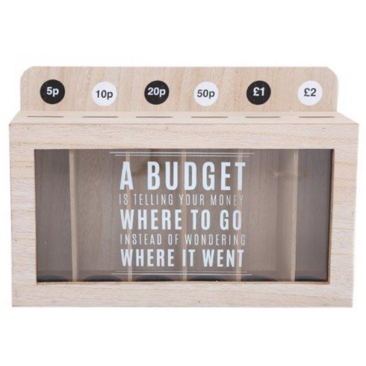A wooden budget money box with five labeled coin slots for 5p, 10p, 20p, 50p, £1, and £2. The front has a clear window with printed motivational text about budgeting, shown on a plain white background | Happy Piranha