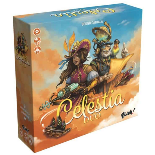 Celestia Duo Board game (Front of Box) On a White Background | Happy Piranha