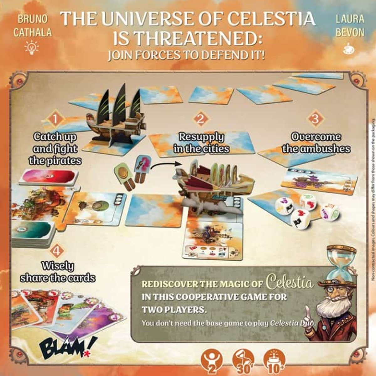 Celestia Duo Board game (Gameplay Example) On an Orange and Blue Cloudy Background | Happy Piranha
