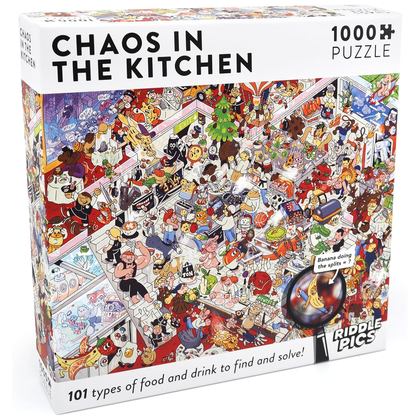 Chaos in the Kitchen 1000 Piece Riddle Jigsaw Puzzle on a White Background | Happy Piranha