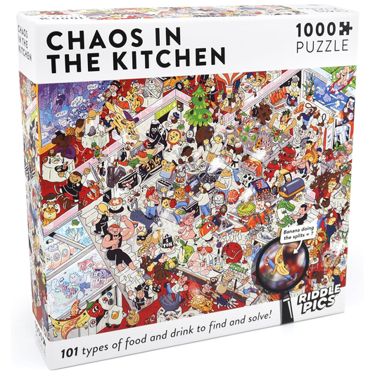 Chaos in the Kitchen 1000 Piece Riddle Jigsaw Puzzle on a White Background | Happy Piranha
