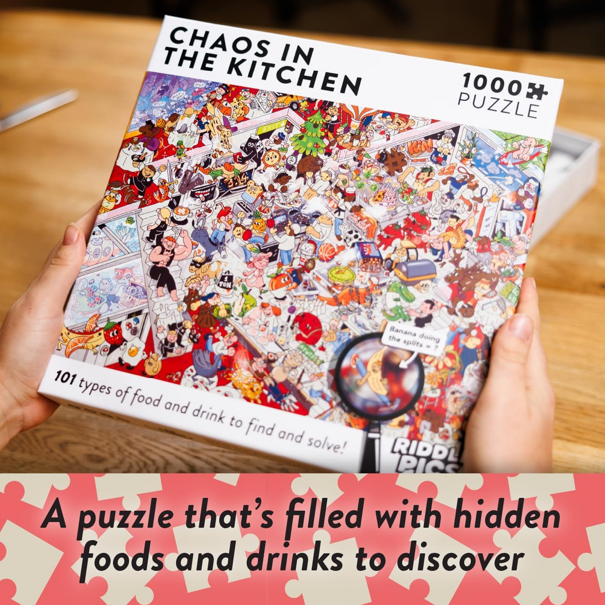 Chaos in the Kitchen 1000 Piece Riddle Jigsaw Puzzle Being Held in a Person's Hands over a Wooden Table | Happy Piranha