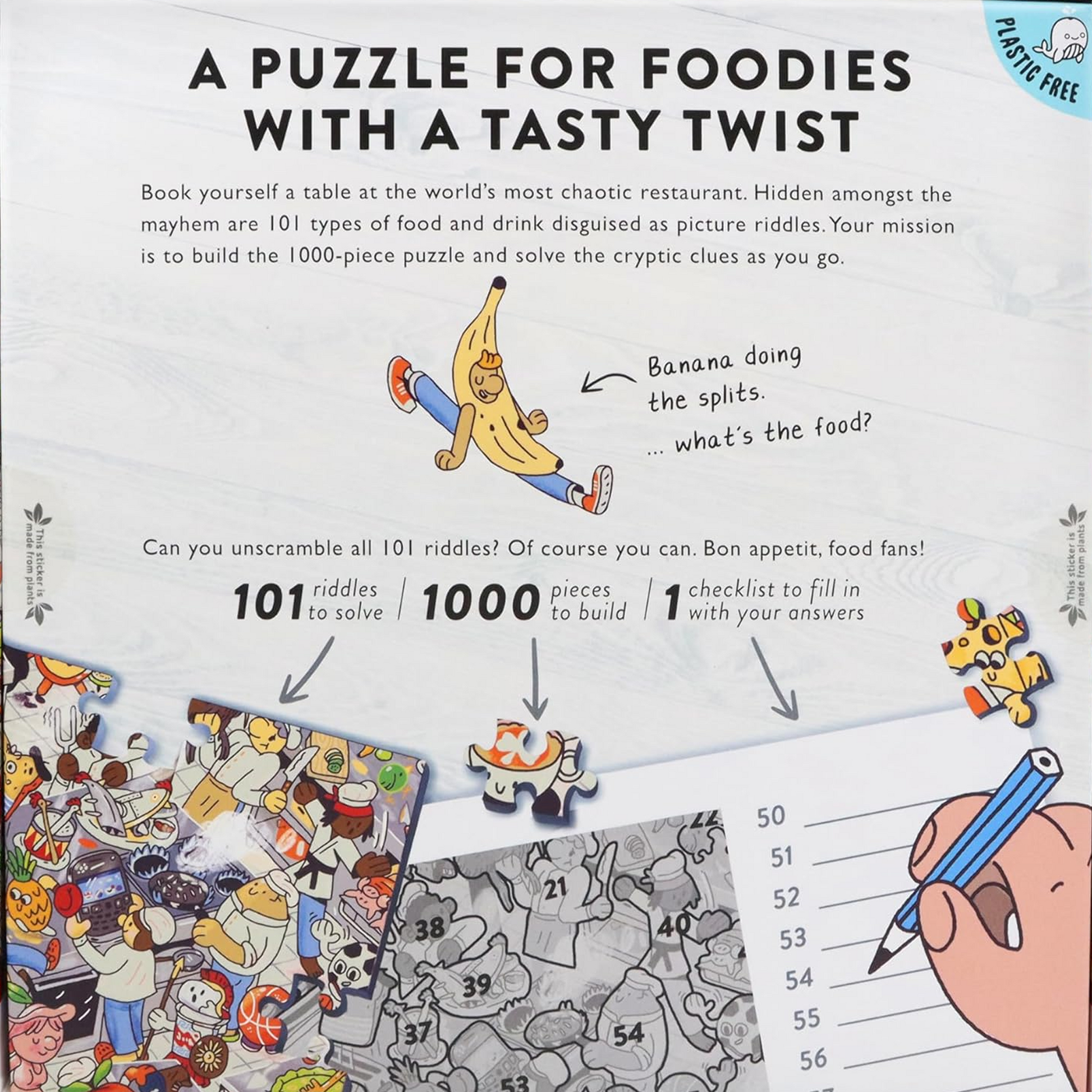 Chaos in the Kitchen 1000 Piece Riddle Jigsaw Puzzle - Back of Box | Happy Piranha
