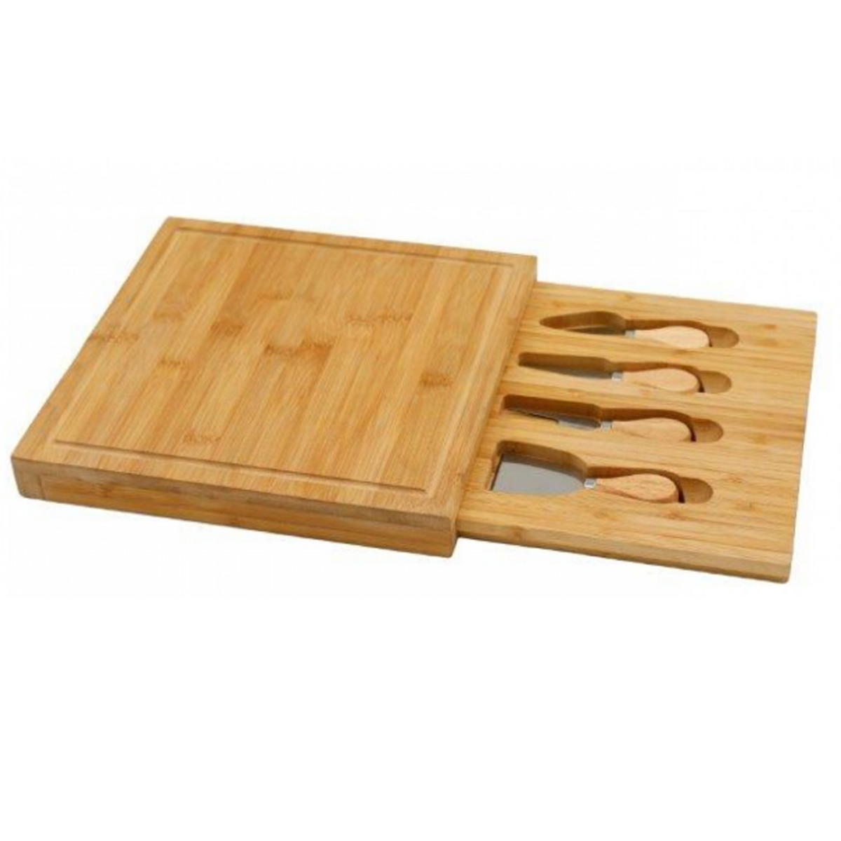 Bamboo Cheese Board Set with a Drawer that Holds 4 Cheese Knives and Forks on a White Background | Happy Piranha
