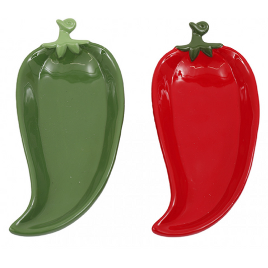 Single Red & Green Chilli Pepper Shape Ceramic Plate on a White Background | Happy Piranha