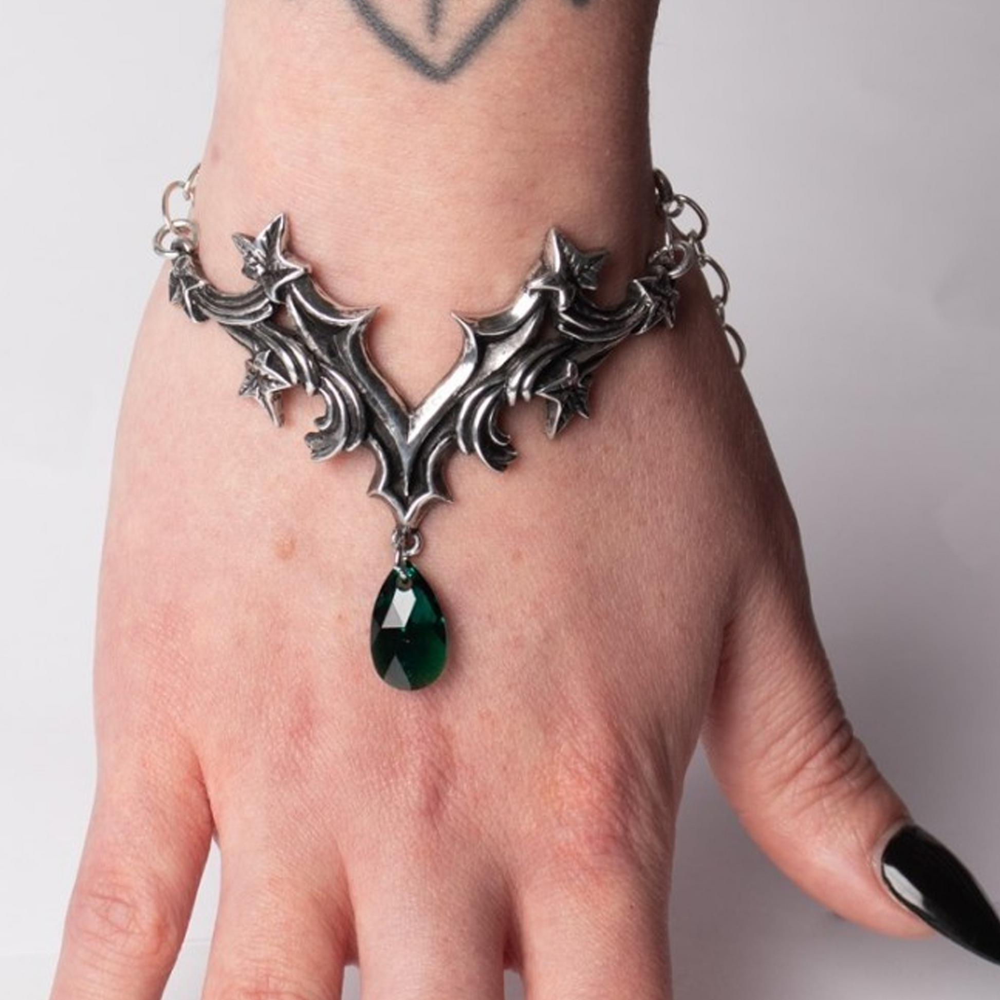 Churchyard - Pewter Gothic Design Hand Bracelet - Close Up on a Persons Hand | Happy Piranha