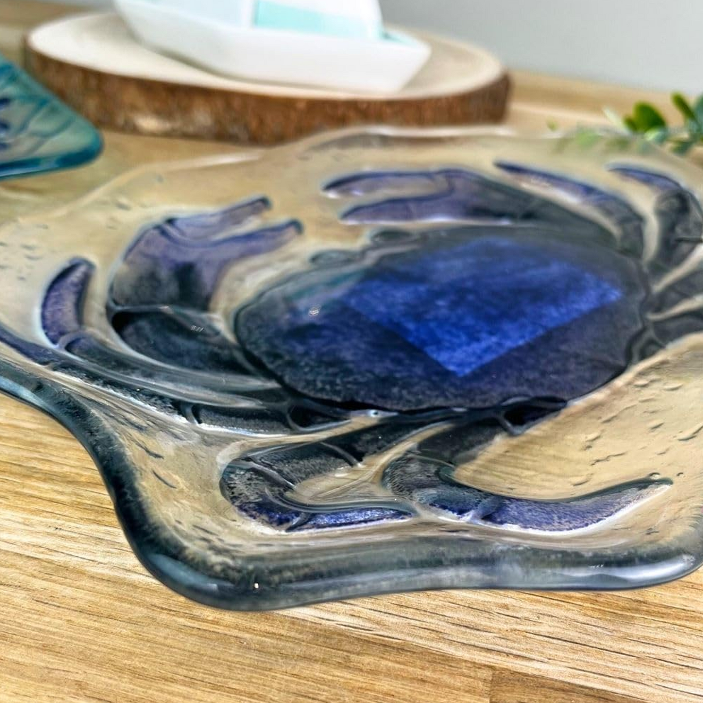 Crab Shaped Glass Plate on a Wooden Table, Close Up | Happy Piranha