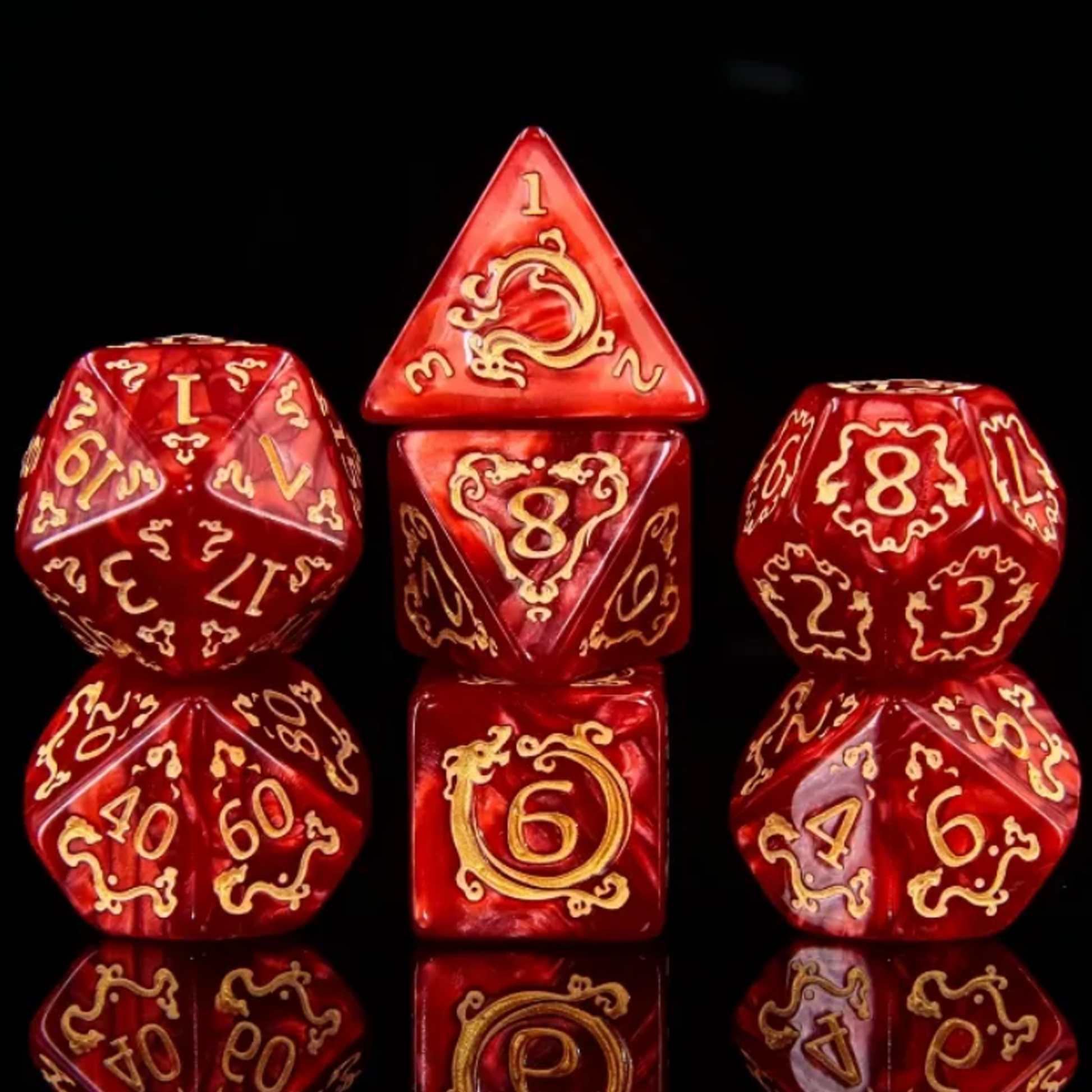 Cloud Dragon - Red Dragon Design Polyhedral D&D Dice Set on a Black Background | Happy Piranha