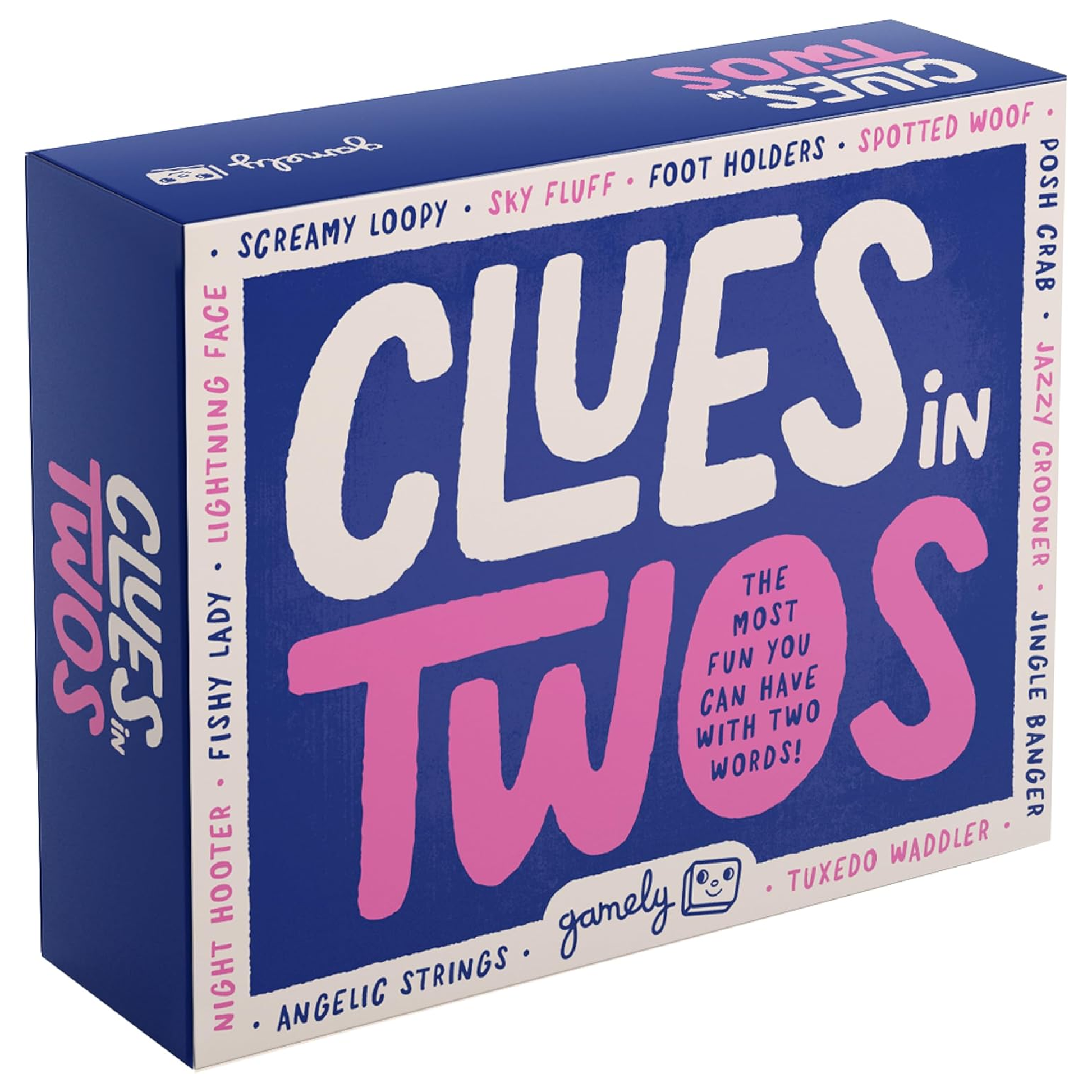 Clues in Twos Board Game Box on a White Background | Happy Piranha