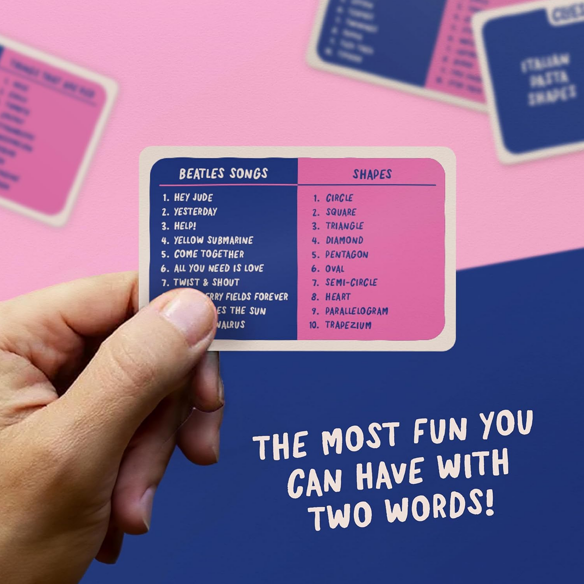 Clues in Twos Board Game Card Example on a Blue and Pink Background | Happy Piranha