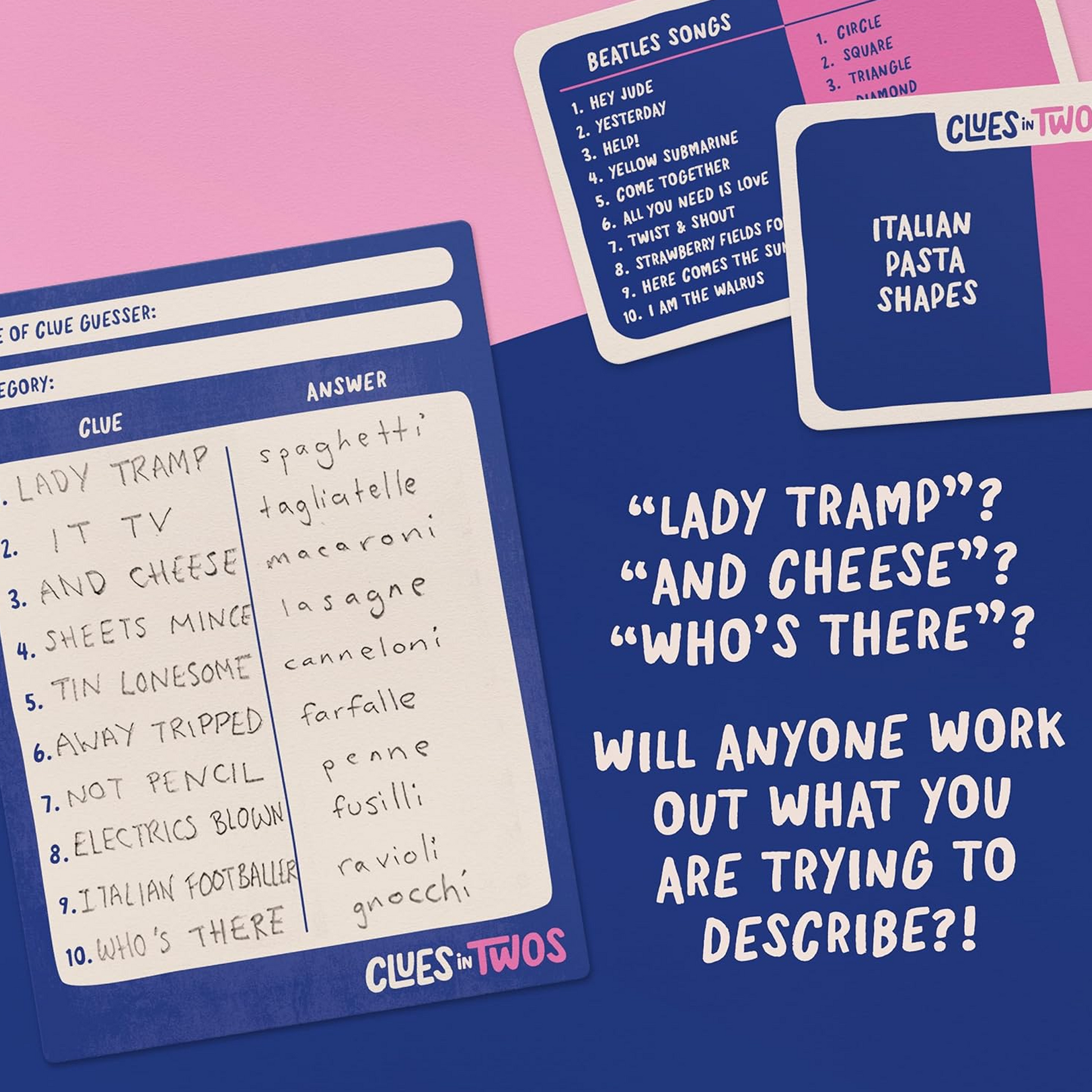 Clues in Twos Board Game How to Play Infographic on a Blue and Pink Background | Happy Piranha