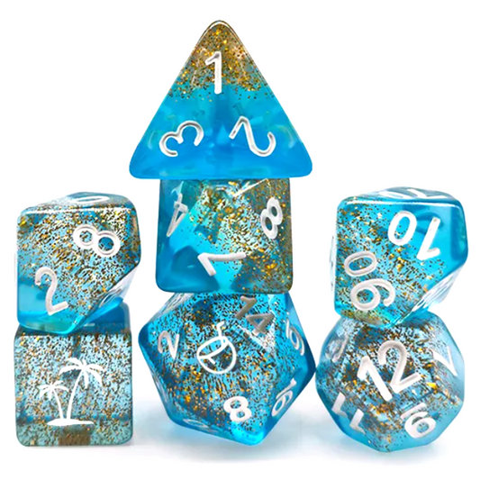 Desert Island Dice - Mini Glitter Filled Polyhedral Dice Set Stacked in a Pile on a White Background | Happy Piranha