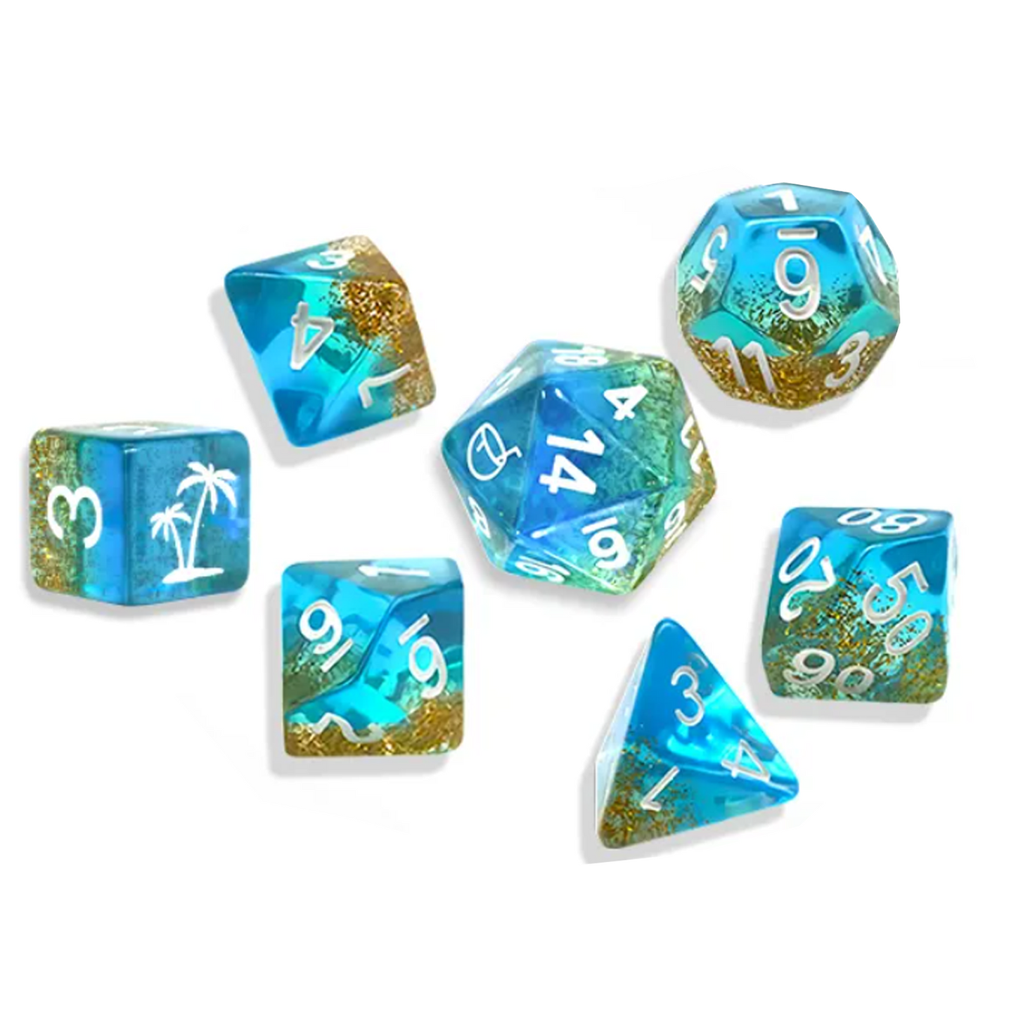 Desert Island Dice - Mini Glitter Filled Polyhedral Dice Set Viewed from Above on a White Background | Happy Piranha