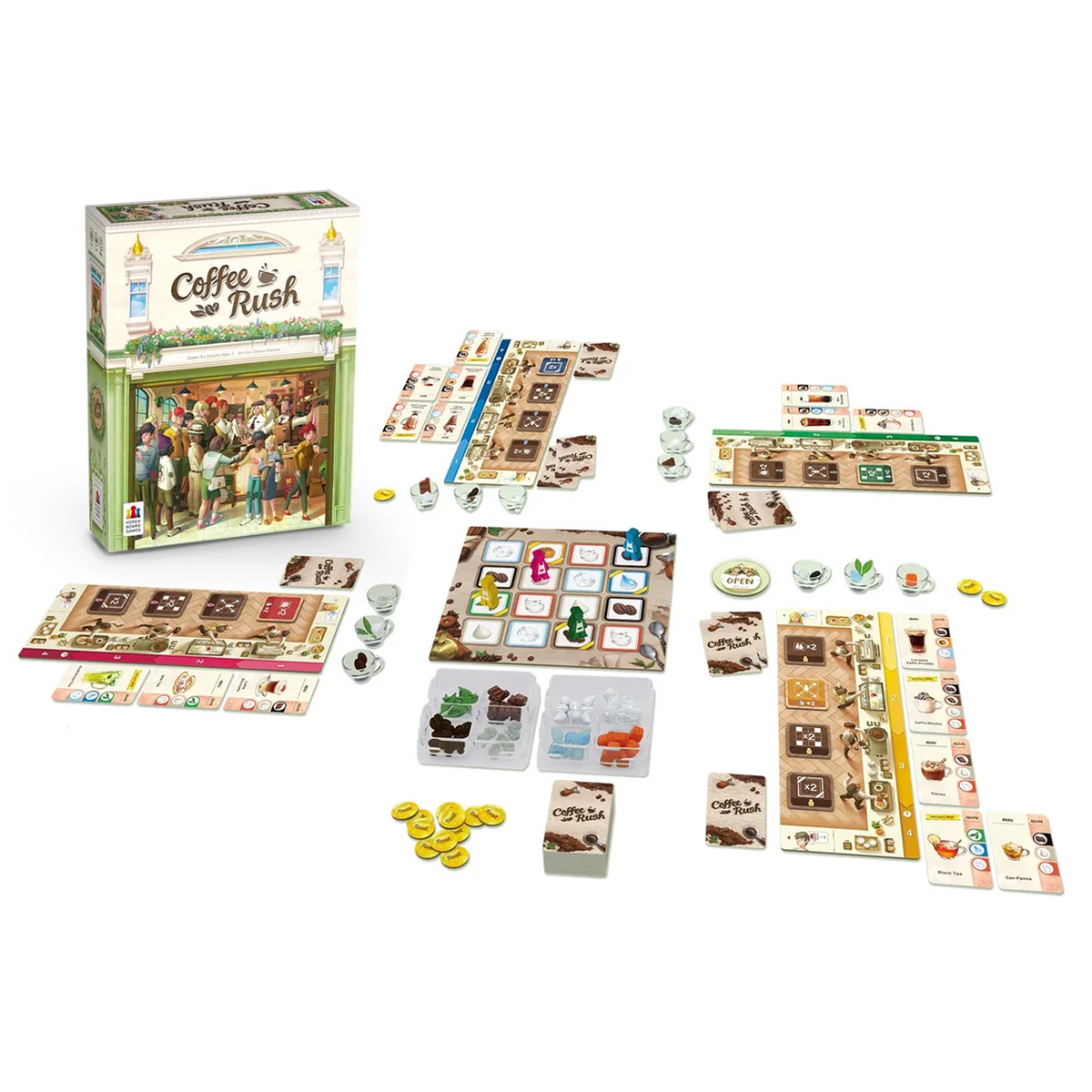 Coffee Rush Board Game (Box and Contents) on a White Background | Happy Piranha