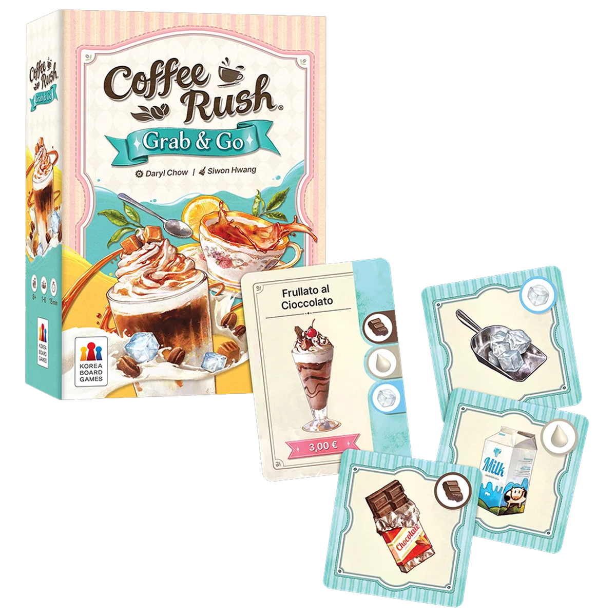 Coffee Rush Grab & Go Board Game (Front of Box and Card Examples) on a White Background | Happy Piranha