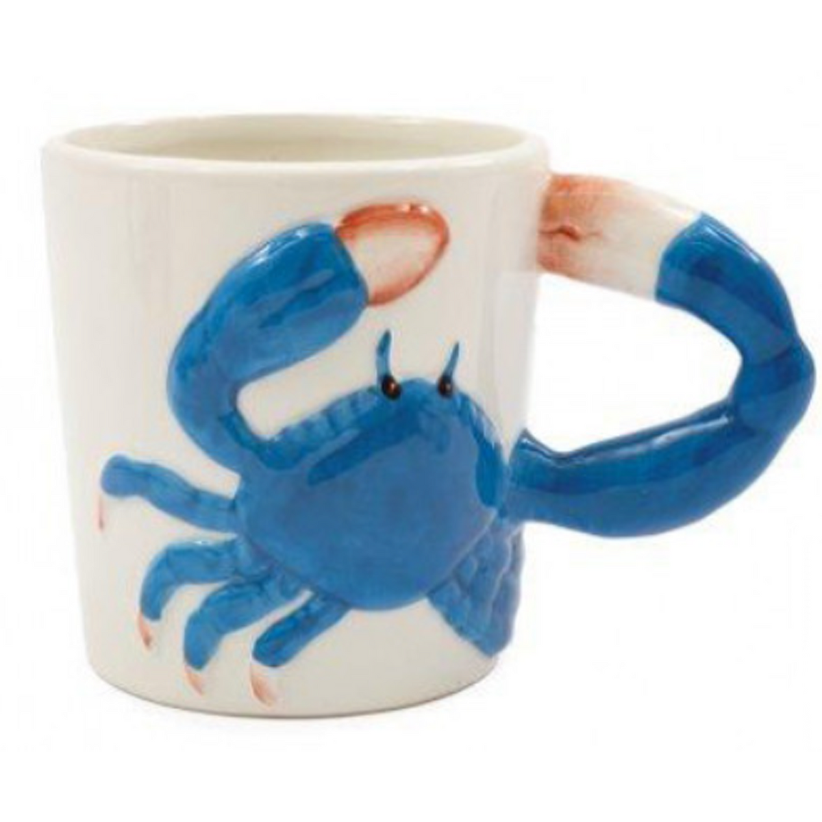 A white ceramic mug featuring a 3D sculpted blue crab that makes up part of the handle, set against a plain white background | Happy Piranha