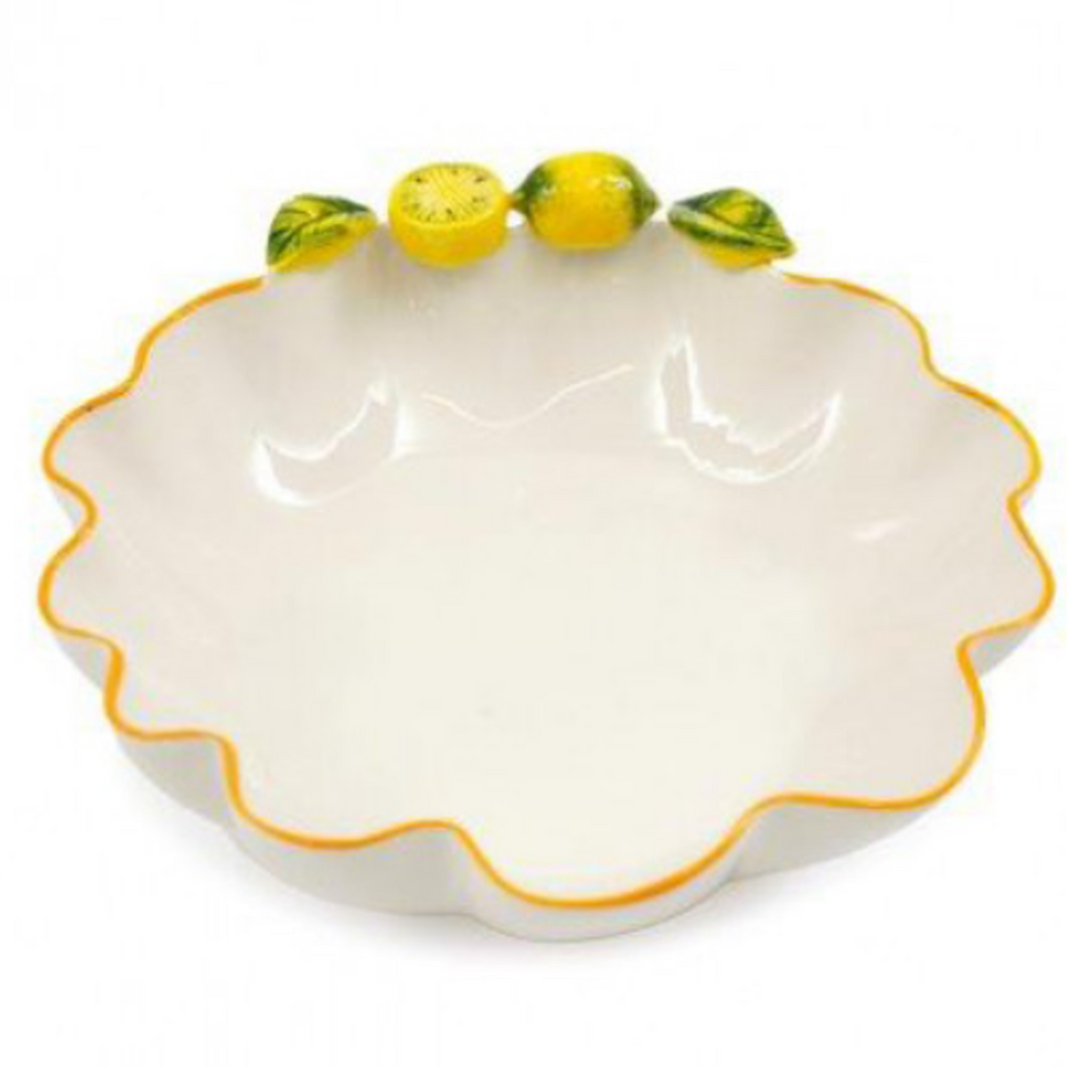 A white ceramic serving bowl with a scalloped rim, a thin yellow-gold edge, and three decorative lemons on the lip, shown on a white background | Happy Piranha