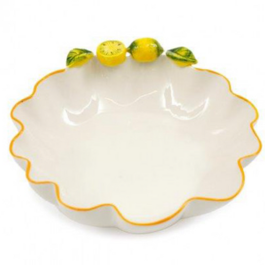 A white ceramic serving bowl with a scalloped rim, a thin yellow-gold edge, and three decorative lemons on the lip, shown on a white background | Happy Piranha