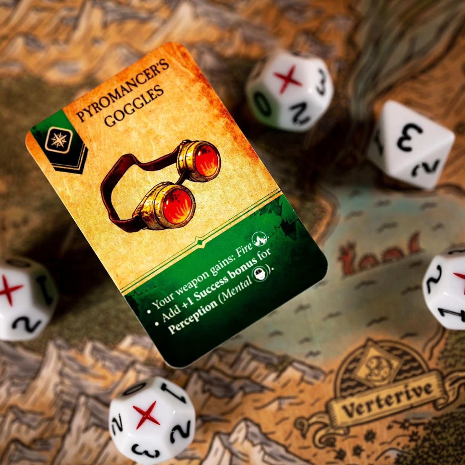 Critical Sanctuary Board Game (Card and Dice Close-Up on a Map Background) | Happy Piranha