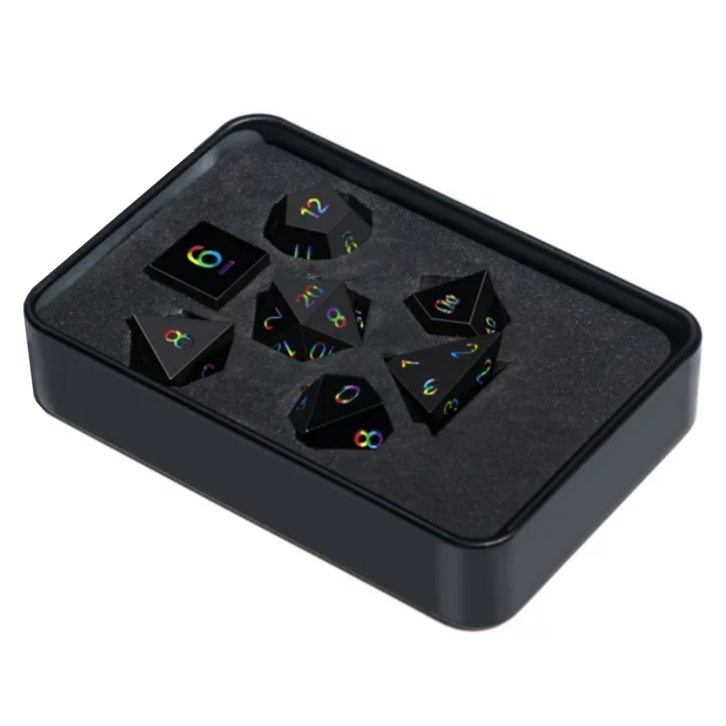 Dark Rainbow - Premium Metal Polyhedral D&D Dice Set in tin with lid off  | Happy Piranha