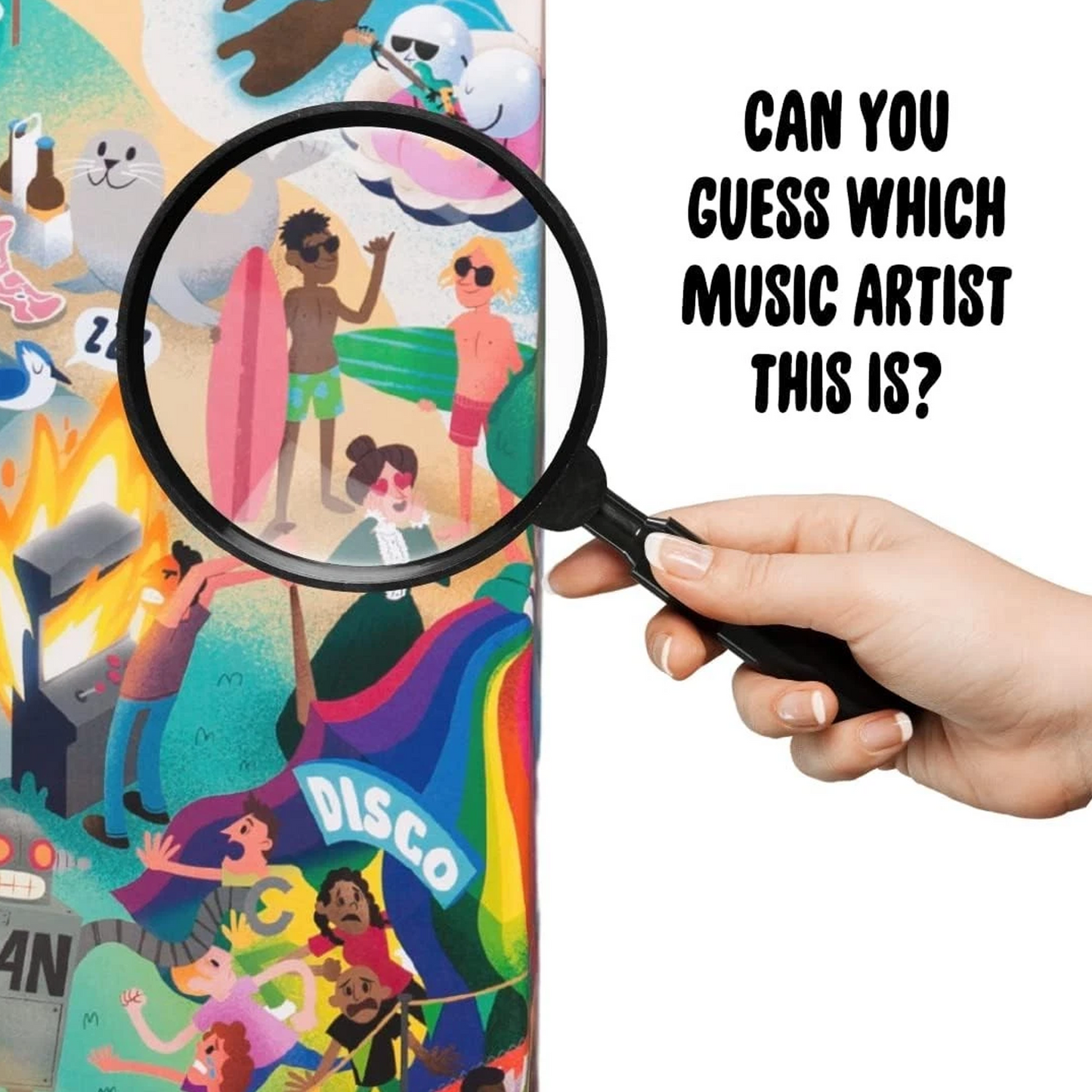 A Hand Holding a Magnifying Glass Over the Front of the Day at the Festival 1000 Piece Riddle Jigsaw Puzzle on a White Background | Happy Piranha