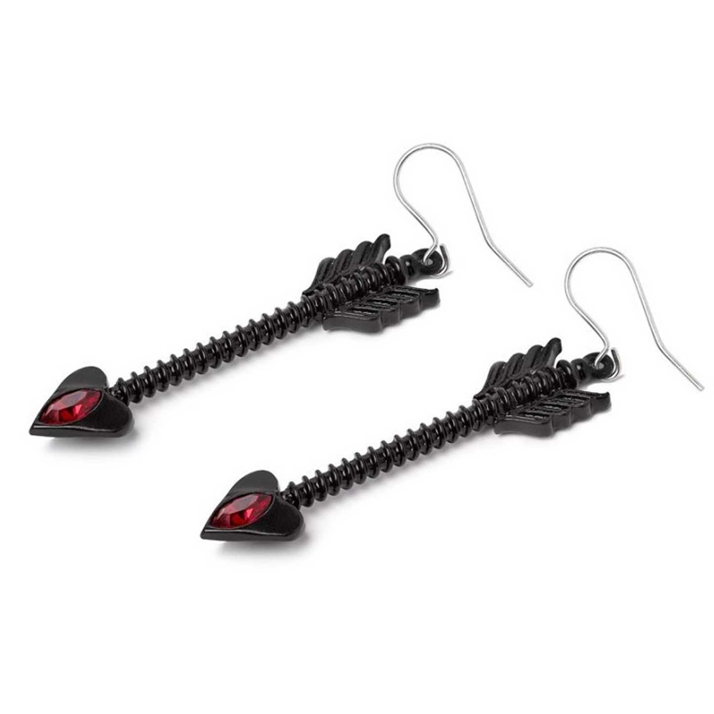 Desire Moi - Pewter Black Arrow & Red Crystal Earrings, Laying Down on a White Background | Happy Piranha