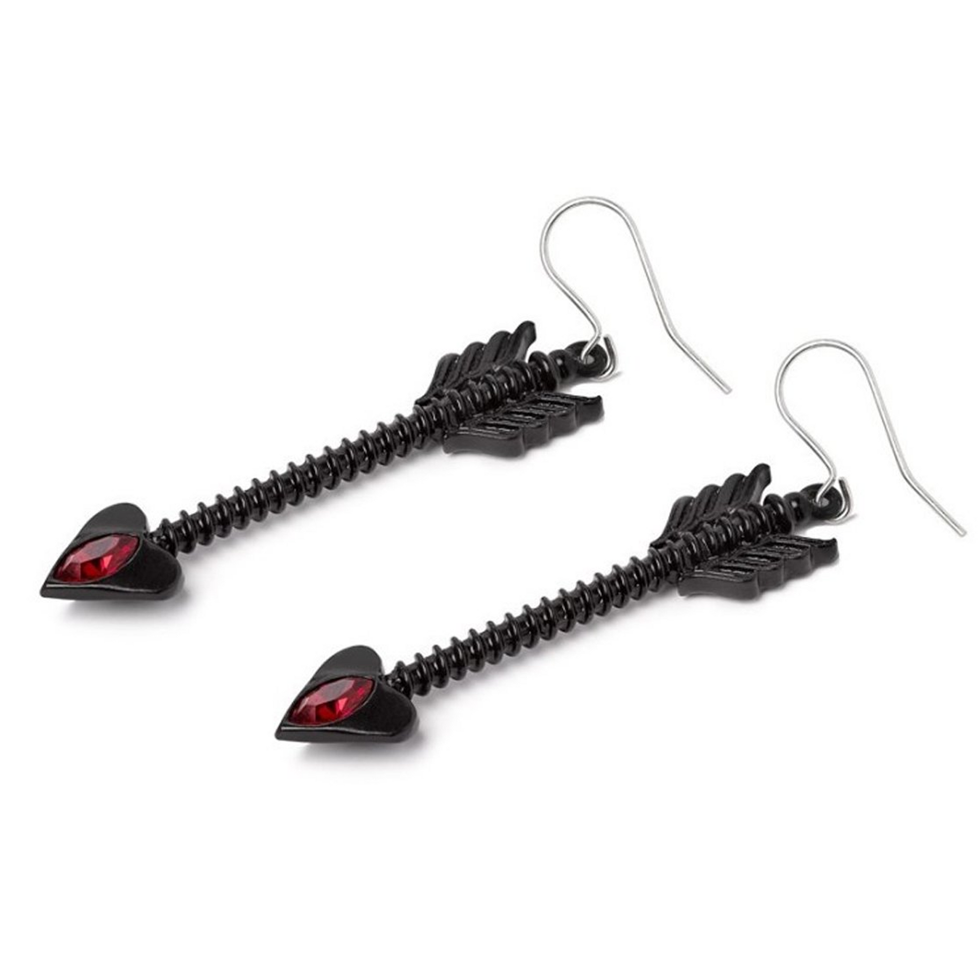 Desire Moi - Pewter Black Arrow & Red Crystal Earrings, Laying Down on a White Background | Happy Piranha