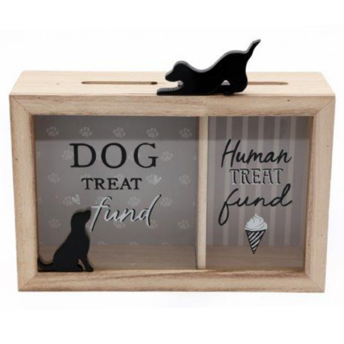 Dog & Cat Treat Fund Wooden Money Box (Dog Design) on a White Background | Happy Piranha